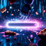 En robothånd rækker ud efter et lysende søgefelt, omgivet af svævende pizzaslices og digitale neonlys i et futuristisk miljø med cybertema. - Kunstig intelligens AI