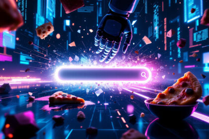 En robothånd rækker ud efter et lysende søgefelt, omgivet af svævende pizzaslices og digitale neonlys i et futuristisk miljø med cybertema. - Kunstig intelligens AI