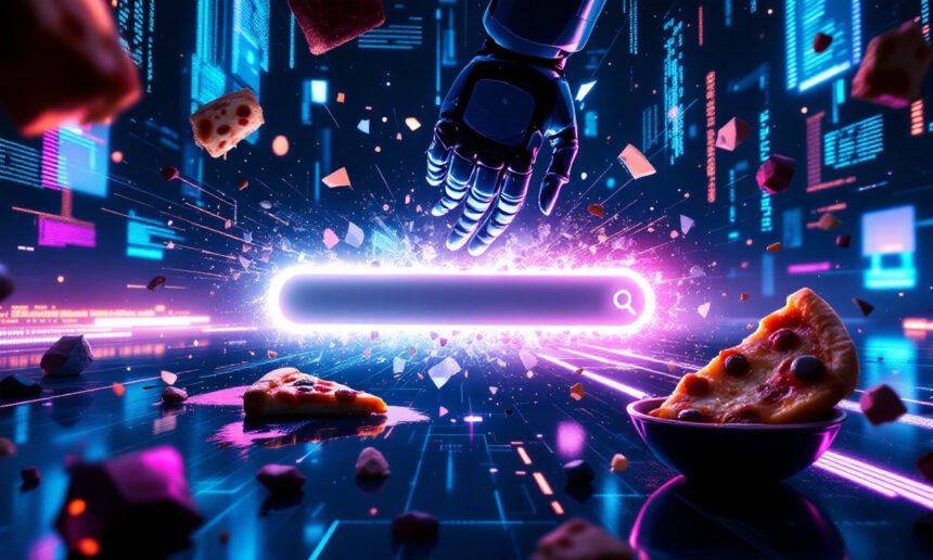 En robothånd rækker ud efter et lysende søgefelt, omgivet af svævende pizzaslices og digitale neonlys i et futuristisk miljø med cybertema. - Kunstig intelligens AI