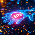 En lysende digital hånd med et rødt stopskilt i håndfladen svæver over et futuristisk printkort fyldt med blå og orange lys, der symboliserer en advarsel eller sikkerhedsadvarsel inden for teknologi. - Kunstig intelligens AI