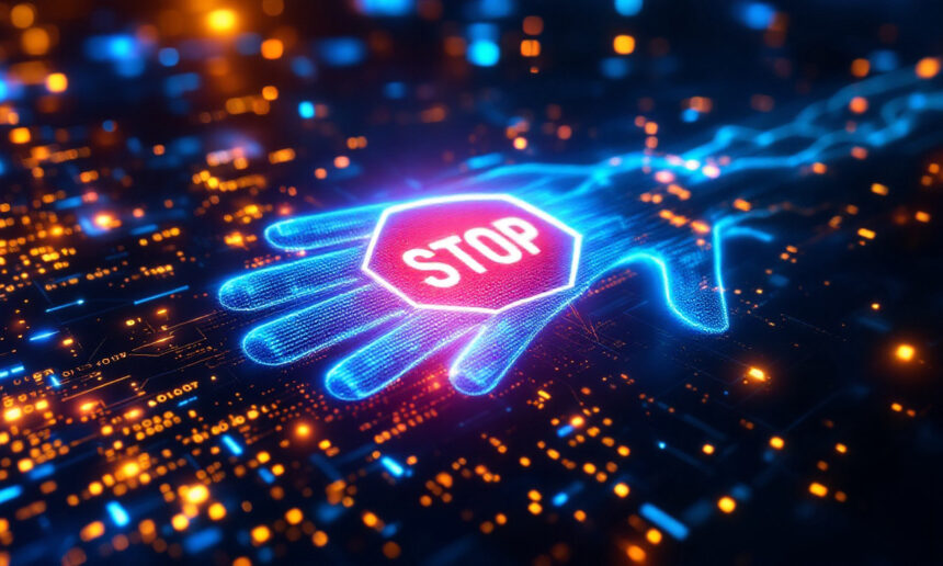 En lysende digital hånd med et rødt stopskilt i håndfladen svæver over et futuristisk printkort fyldt med blå og orange lys, der symboliserer en advarsel eller sikkerhedsadvarsel inden for teknologi. - Kunstig intelligens AI