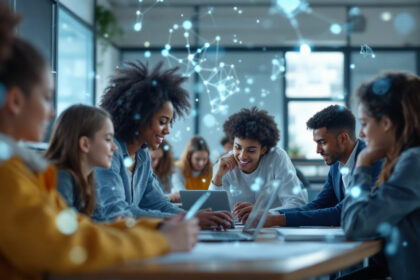 En gruppe unge mennesker sidder omkring et bord med bærbare computere, samarbejder og smiler i et lyst, moderne arbejdsområde. Digital netværksgrafik overlejrer billedet og symboliserer teknologi og opkobling. - Kunstig intelligens AI
