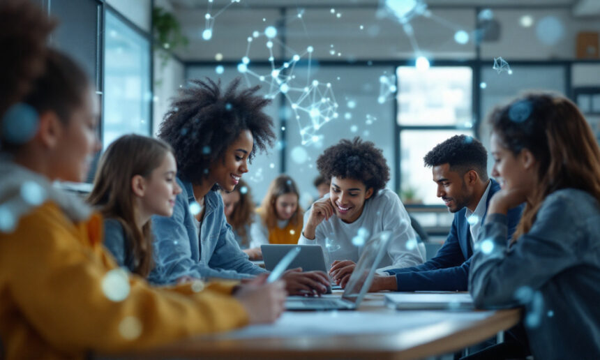 En gruppe unge mennesker sidder omkring et bord med bærbare computere, samarbejder og smiler i et lyst, moderne arbejdsområde. Digital netværksgrafik overlejrer billedet og symboliserer teknologi og opkobling. - Kunstig intelligens AI