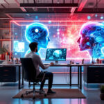 En person sidder ved et skrivebord på et moderne kontor og arbejder på en computer. På væggen står to store digitale hologrammer af menneskehoveder med lysende neurale netværk over for hinanden og symboliserer kunstig intelligens. - Kunstig intelligens AI