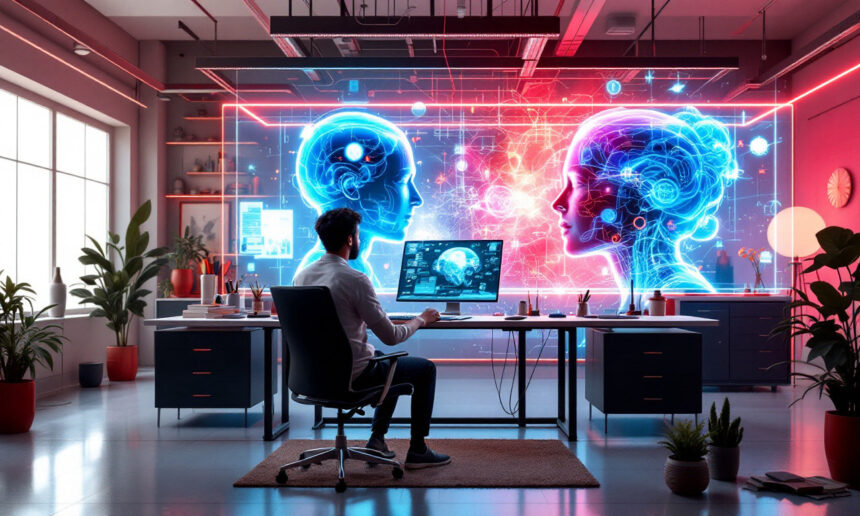 En person sidder ved et skrivebord på et moderne kontor og arbejder på en computer. På væggen står to store digitale hologrammer af menneskehoveder med lysende neurale netværk over for hinanden og symboliserer kunstig intelligens. - Kunstig intelligens AI