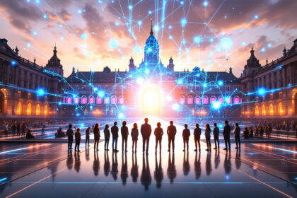 En gruppe mennesker med silhuetter står på en reflekterende plads foran en stor historisk bygning ved solnedgang, med lysende digitale netværkslinjer, der forbinder punkter på himlen over dem. - Kunstig intelligens AI