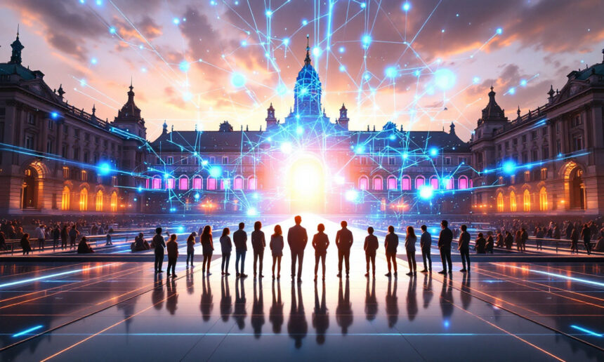 En gruppe mennesker med silhuetter står på en reflekterende plads foran en stor historisk bygning ved solnedgang, med lysende digitale netværkslinjer, der forbinder punkter på himlen over dem. - Kunstig intelligens AI