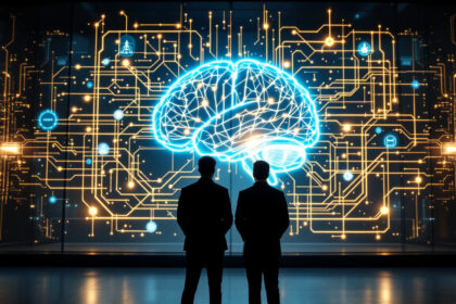 To personer i jakkesæt står foran en stor digital skærm med en lysende hjerne omgivet af kredsløbslignende mønstre, der symboliserer kunstig intelligens og teknologi. - Kunstig intelligens AI