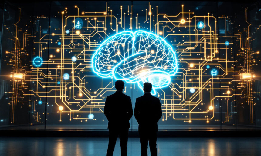 To personer i jakkesæt står foran en stor digital skærm med en lysende hjerne omgivet af kredsløbslignende mønstre, der symboliserer kunstig intelligens og teknologi. - Kunstig intelligens AI