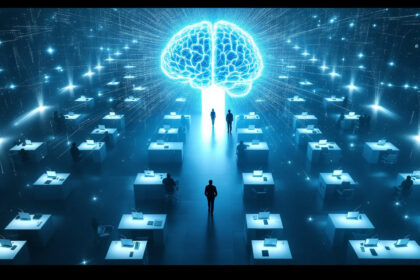 En digital illustration viser mennesker ved skriveborde i et mørkt kontorlokale, alle vendt mod en stor lysende hjerneformet struktur, der symboliserer kunstig intelligens eller kollektiv viden. Blåt lys og datalinjer stråler ud fra hjernen. - Kunstig intelligens AI