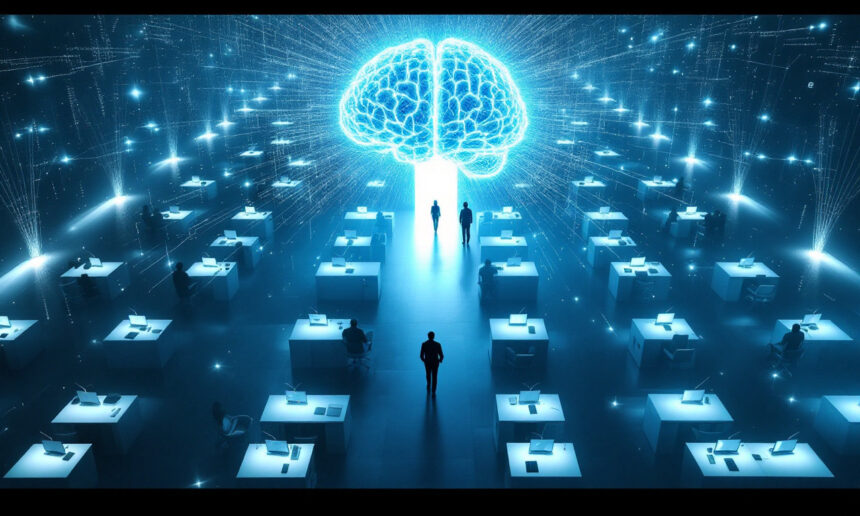 En digital illustration viser mennesker ved skriveborde i et mørkt kontorlokale, alle vendt mod en stor lysende hjerneformet struktur, der symboliserer kunstig intelligens eller kollektiv viden. Blåt lys og datalinjer stråler ud fra hjernen. - Kunstig intelligens AI