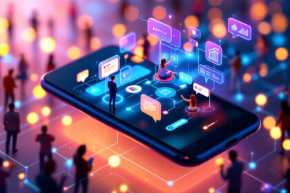 En stor smartphone med svævende digitale ikoner og figurer, omgivet af mennesker og glødende lys, symboliserer onlinekommunikation, sociale medier og netværk i et levende, futuristisk miljø. - Kunstig intelligens AI