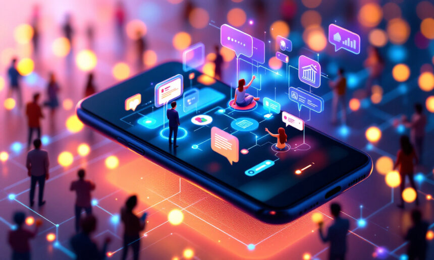 En stor smartphone med svævende digitale ikoner og figurer, omgivet af mennesker og glødende lys, symboliserer onlinekommunikation, sociale medier og netværk i et levende, futuristisk miljø. - Kunstig intelligens AI