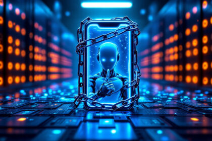 En lysende robotfigur er fanget i en smartphone omgivet af kæder i et futuristisk serverrum med oplyste servere og digitalt lys. Scenen formidler temaer som cybersikkerhed og digital indespærring. - Kunstig intelligens AI
