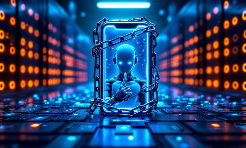 En lysende robotfigur er fanget i en smartphone omgivet af kæder i et futuristisk serverrum med oplyste servere og digitalt lys. Scenen formidler temaer som cybersikkerhed og digital indespærring. - Kunstig intelligens AI