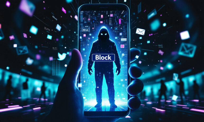 En lysende telefonskærm viser en hætteklædt, skyggefuld figur med ordet Block vist, omgivet af flydende app-ikoner i et neonfarvet, digitalt miljø, der antyder onlinesikkerhed eller cybertrusler. - Kunstig intelligens AI