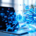 En bærbar computer på et skrivebord udsender digitale dataikoner og en lysende blå kugle, der repræsenterer internetforbindelse, teknologi og informationsudveksling i et futuristisk digitalt miljø. - Kunstig intelligens AI