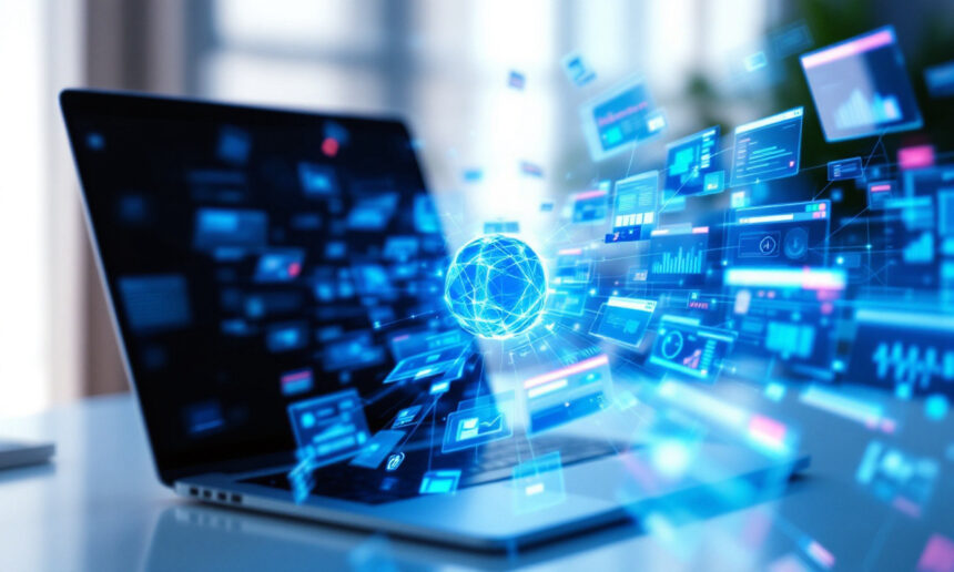 En bærbar computer på et skrivebord udsender digitale dataikoner og en lysende blå kugle, der repræsenterer internetforbindelse, teknologi og informationsudveksling i et futuristisk digitalt miljø. - Kunstig intelligens AI