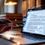 En person bruger en pen til at pege på en bærbar skærm, der viser et dokument med digitale anmærkninger og fremhævet tekst, hvilket antyder redigering eller gennemgang af arbejde i et godt oplyst kontormiljø. - Kunstig intelligens AI