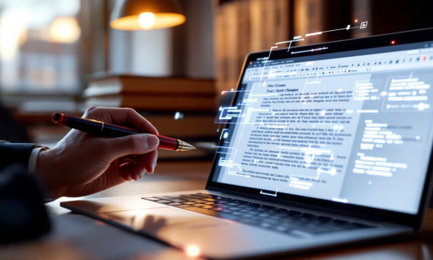 En person bruger en pen til at pege på en bærbar skærm, der viser et dokument med digitale anmærkninger og fremhævet tekst, hvilket antyder redigering eller gennemgang af arbejde i et godt oplyst kontormiljø. - Kunstig intelligens AI