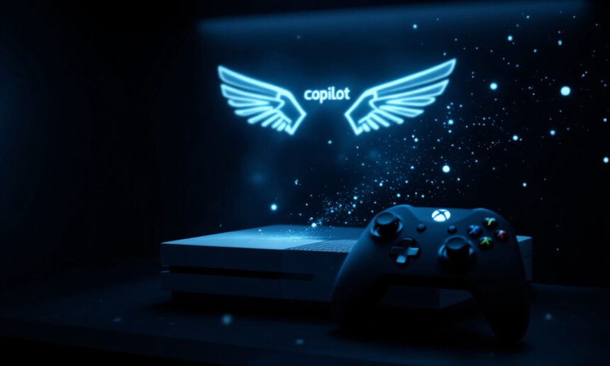 En Xbox-konsol og en controller står på en mørk overflade med et lysende holografisk copilot-logo og stiliserede vinger projiceret over dem mod en stjerneklar baggrund. - Kunstig intelligens AI