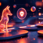 En glødende digital ræv lavet af orange lys vises på en futuristisk grænseflade med cybersikkerhedsikoner og tekst som Admin, Privacy og AI vist på en gennemsigtig skærm i baggrunden. - Kunstig intelligens AI