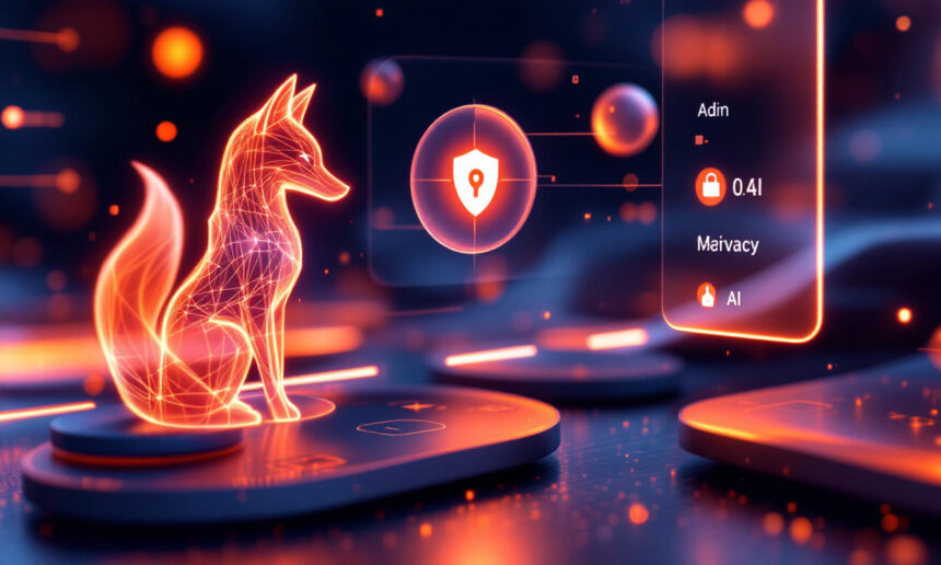 En glødende digital ræv lavet af orange lys vises på en futuristisk grænseflade med cybersikkerhedsikoner og tekst som Admin, Privacy og AI vist på en gennemsigtig skærm i baggrunden. - Kunstig intelligens AI