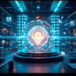 En glødende pære i midten af en digital grænseflade symboliserer innovation og kunstig intelligens med lyseblå og orange linjer og datapunkter, der er forbundet i et højteknologisk, futuristisk kontrolrum. - Kunstig intelligens AI