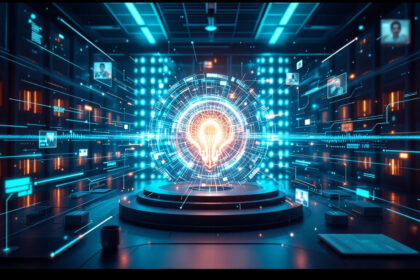 En glødende pære i midten af en digital grænseflade symboliserer innovation og kunstig intelligens med lyseblå og orange linjer og datapunkter, der er forbundet i et højteknologisk, futuristisk kontrolrum. - Kunstig intelligens AI