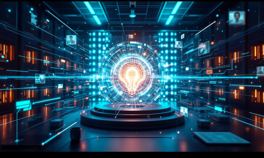 En glødende pære i midten af en digital grænseflade symboliserer innovation og kunstig intelligens med lyseblå og orange linjer og datapunkter, der er forbundet i et højteknologisk, futuristisk kontrolrum. - Kunstig intelligens AI