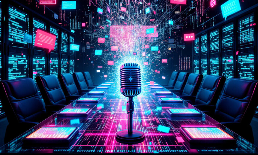 Et futuristisk bestyrelseslokale med en central mikrofon, glødende neonlys, digitale skærme og svævende datapaneler, der symboliserer avanceret teknologi og digital kommunikation. - Kunstig intelligens AI