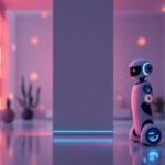 En lille, futuristisk robot med blå lys står i et moderne, blødt oplyst rum med pink og lilla toner, omgivet af minimalistiske møbler og et par potteplanter. - Kunstig intelligens AI