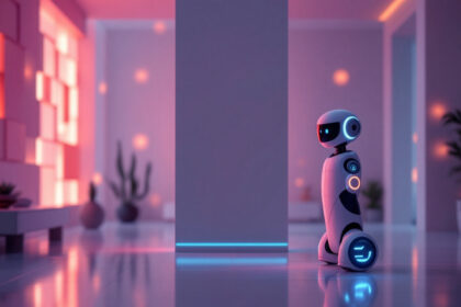 En lille, futuristisk robot med blå lys står i et moderne, blødt oplyst rum med pink og lilla toner, omgivet af minimalistiske møbler og et par potteplanter. - Kunstig intelligens AI