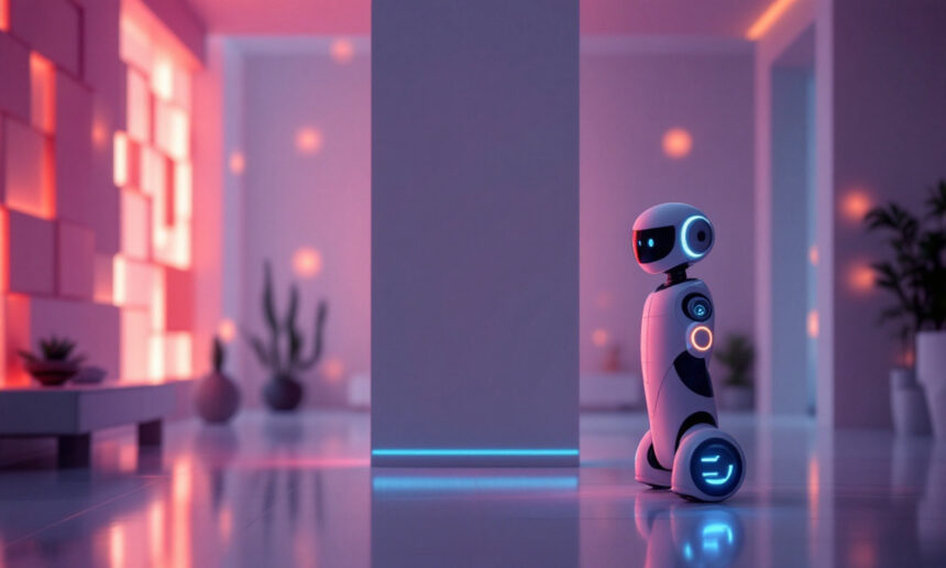 En lille, futuristisk robot med blå lys står i et moderne, blødt oplyst rum med pink og lilla toner, omgivet af minimalistiske møbler og et par potteplanter. - Kunstig intelligens AI