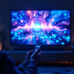En person sidder i et svagt oplyst rum med en fjernbetjening, hvorpå der står Ask, foran et stort tv, der viser farverige lydbølger og glødende blåt og lilla lys. - Kunstig intelligens AI