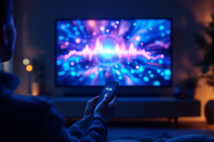 En person sidder i et svagt oplyst rum med en fjernbetjening, hvorpå der står Ask, foran et stort tv, der viser farverige lydbølger og glødende blåt og lilla lys. - Kunstig intelligens AI