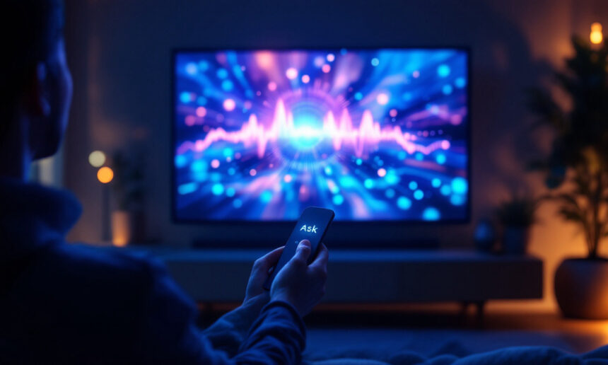 En person sidder i et svagt oplyst rum med en fjernbetjening, hvorpå der står Ask, foran et stort tv, der viser farverige lydbølger og glødende blåt og lilla lys. - Kunstig intelligens AI