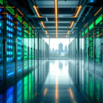 Et futuristisk serverrum med glødende blå og grønne lys på serverracks, der reflekteres i det skinnende gulv, og et stort vindue for enden, der viser byens skyline udenfor. - Kunstig intelligens AI