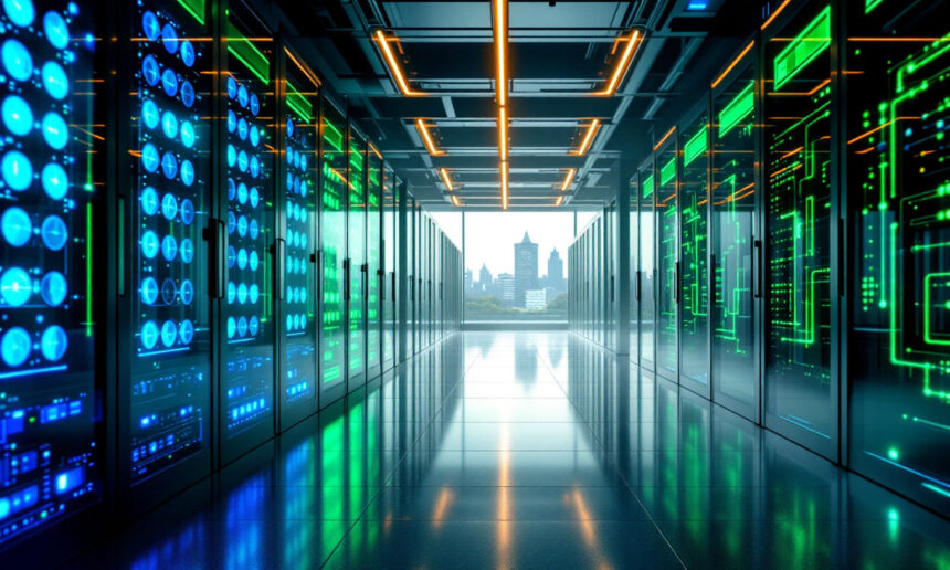 Et futuristisk serverrum med glødende blå og grønne lys på serverracks, der reflekteres i det skinnende gulv, og et stort vindue for enden, der viser byens skyline udenfor. - Kunstig intelligens AI