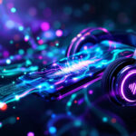 Et par lysende hovedtelefoner hviler på en smartphone, begge omgivet af farverige neonbølger og digitale lysspor, der repræsenterer levende, moderne musikstreaming-teknologi. - Kunstig intelligens AI