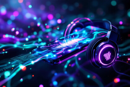 Et par lysende hovedtelefoner hviler på en smartphone, begge omgivet af farverige neonbølger og digitale lysspor, der repræsenterer levende, moderne musikstreaming-teknologi. - Kunstig intelligens AI