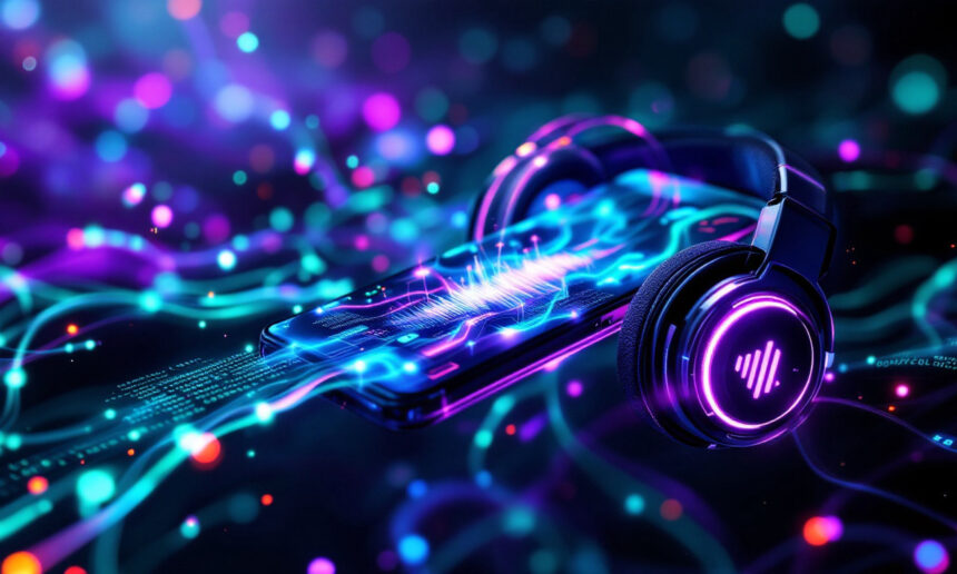 Et par lysende hovedtelefoner hviler på en smartphone, begge omgivet af farverige neonbølger og digitale lysspor, der repræsenterer levende, moderne musikstreaming-teknologi. - Kunstig intelligens AI