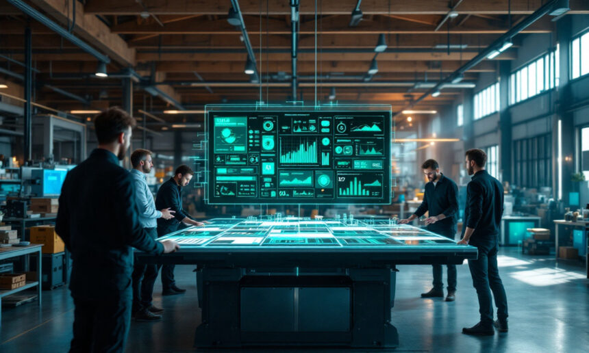 Fem personer står omkring et stort digitalt bord i et moderne industriområde og interagerer med holografiske datatabeller og grafer, der vises over bordet. Miljøet er teknologisk avanceret og samarbejdsorienteret. - Kunstig intelligens AI