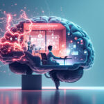 En person sidder ved et skrivebord inde i en stor, halvgennemsigtig hjerne fyldt med digitale skærme og ikoner, mens elektriske gnister lyser op på ydersiden og symboliserer teknologi og menneskelig erkendelse. - Kunstig intelligens AI