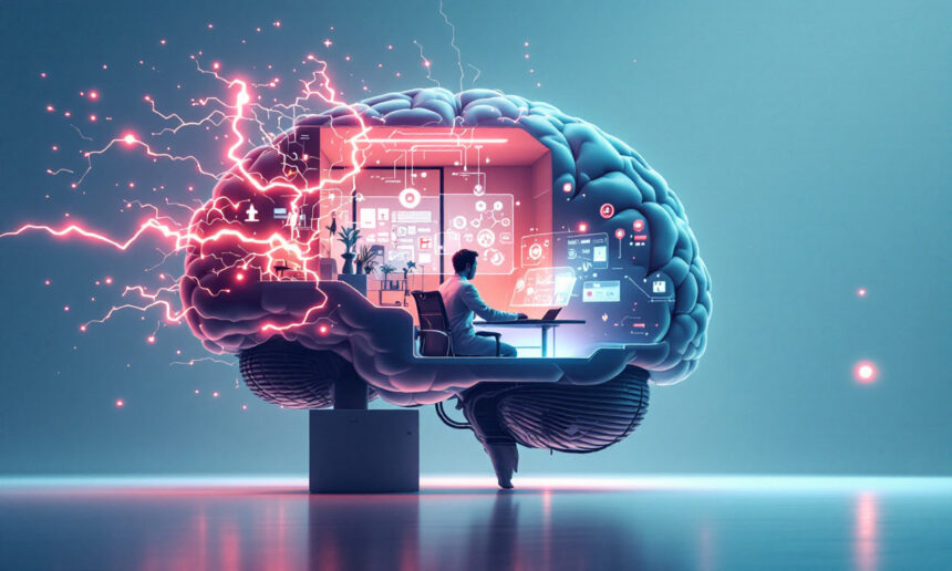 En person sidder ved et skrivebord inde i en stor, halvgennemsigtig hjerne fyldt med digitale skærme og ikoner, mens elektriske gnister lyser op på ydersiden og symboliserer teknologi og menneskelig erkendelse. - Kunstig intelligens AI