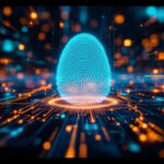 Et lysende blåt fingeraftryk står oprejst blandt levende orange og blå digitale kredsløb og lyspartikler, der symboliserer digital sikkerhed, identitetsbekræftelse eller biometrisk teknologi. - Kunstig intelligens AI