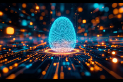 Et lysende blåt fingeraftryk står oprejst blandt levende orange og blå digitale kredsløb og lyspartikler, der symboliserer digital sikkerhed, identitetsbekræftelse eller biometrisk teknologi. - Kunstig intelligens AI