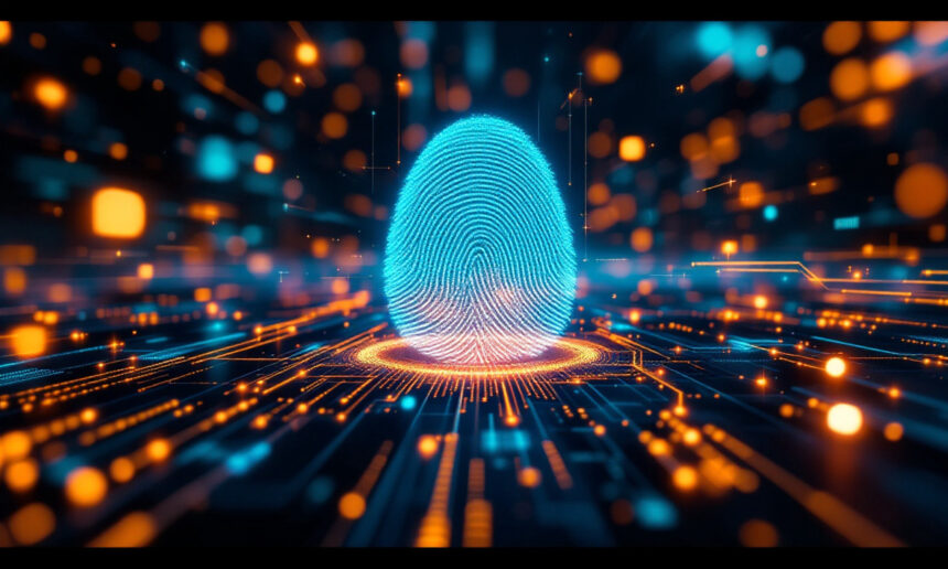 Et lysende blåt fingeraftryk står oprejst blandt levende orange og blå digitale kredsløb og lyspartikler, der symboliserer digital sikkerhed, identitetsbekræftelse eller biometrisk teknologi. - Kunstig intelligens AI