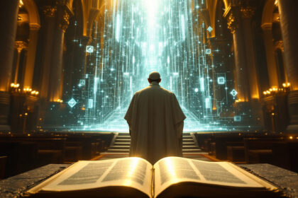 En person i religiøse gevandter står i en storslået, svagt oplyst katedral med front mod en glødende digital matrix, der stiger opad. En åben bog ligger i forgrunden, oplyst af varmt stearinlys. - Kunstig intelligens AI