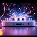 En DJ-mixer med lysende knapper og drejeknapper sidder på en reflekterende overflade, omgivet af farverige, hvirvlende neonlysspor og gnister, der skaber en livlig og energisk atmosfære. - Kunstig intelligens AI